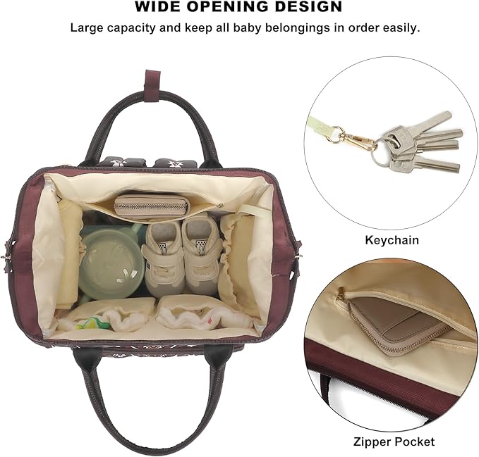 Boho Diaper Bag Backpack for Mom Dad, Multifunctional Bohemia Baby Nappy Backpack with Stroller Straps Insulated Pockets (Coffee)