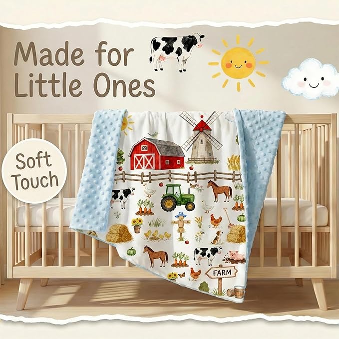 Farm Animal Minky Baby Blanket for Boys Girls with Muslin Cotton Front and Dotted Fleece Backing, Soft Nursery Receiving Blankets for Newborn Toddler Crib Stroller Car Seat 27.5 x 39.3 Inch