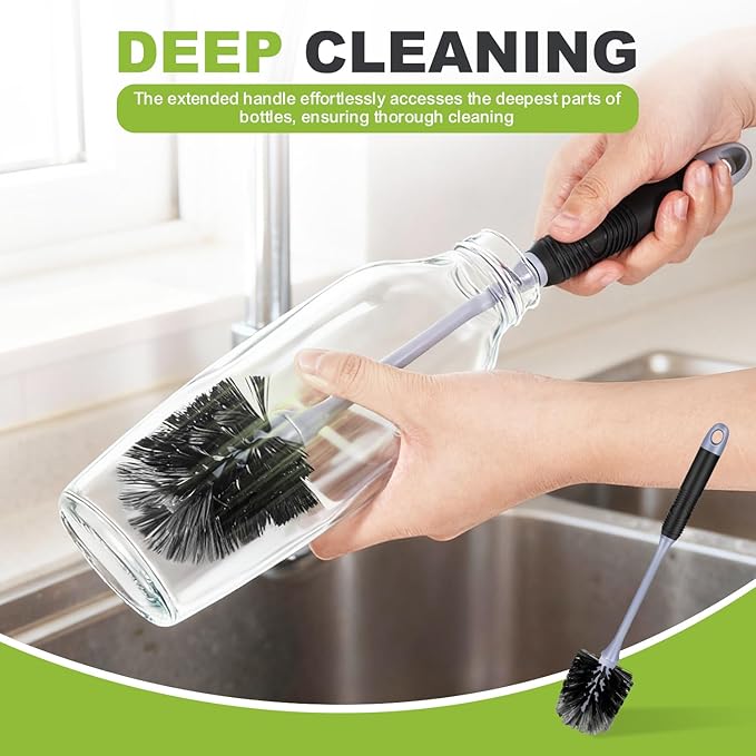 Long Handle Bottle Brush, Reusable Water Bottle Cleaner Brush, Flexible Scrub Brush for Water Bottles, Glasswares, Mugs, Thermos, Black, 2 Pack