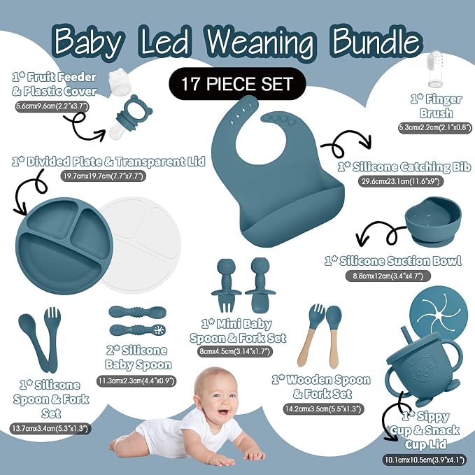 Baby Led Weaning Supplies, 17 Piece BPA-Free Silicone Feeding Set, Eating Essentials Baby Utensils with Suction Plate and Bowl, Pocket Bib, Sippy Cup with Lid, for 6+ Months, Blue