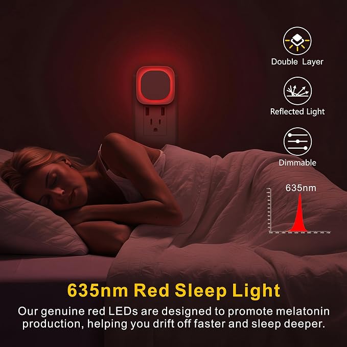 YUNLEX 4 Pack Red Night Light with Dusk to Dawn Sensor, Eye-Care Reflected Glow, 0% Blue Light True Red LED, 3-Level Brightness, Auto On/Off, Plug-in Nightlight for Sleep, Kids, Bedroom, Bathroom