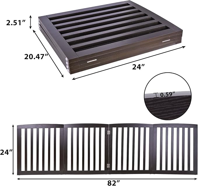 Nouva 24 Inch Pet Gate, 4 Panels Indoor Foldable Dog Fence, Dog Gate for Stairs Doorways, Hardwood Pet Gate, Freestanding Pet Fence, Brown