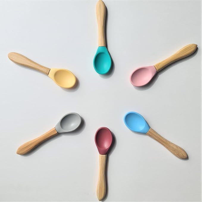 MinikOiOi Scoops 100% Silicone Spoon with Detachable Bamboo Handle 9m+ Aqua Green/Pinky Pink (2 Count)
