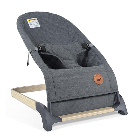 ANGELBLISS Baby Bouncer, Portable Bouncer Seat for Babies, Infants Bouncy Seat with Wood Grain Base, Natural Vibrations (Grey)