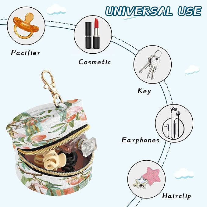 Pacifier Holder with Clip Pacifier Case for Diaper Bag Round Baby Pacifier Pouch Box Bag Portable White Pink Peach