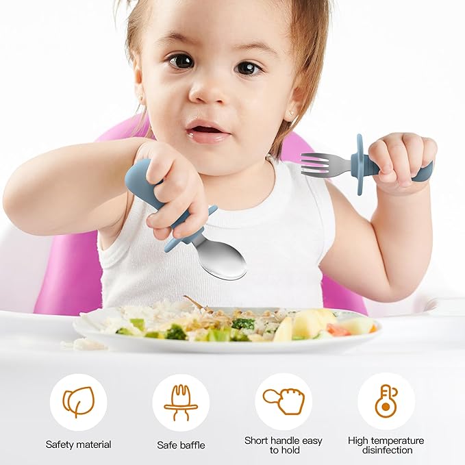 2 Pieces Toddler Utensils Forks and spoons set, Stainless Steel Childrens Silverware for Safe flatware Metal Kids Cutlery set with Round Handle, BPA Free, Anti-Choke Design (Lite Blue)