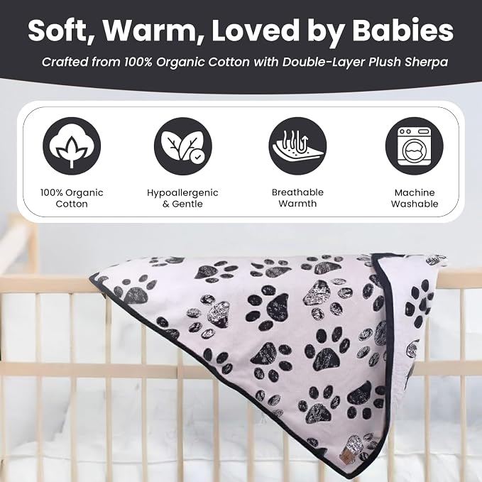 Small Pet Blanket - GOTS Certitied 100% Organic Cotton, Double Layer Plush Sherpa, Beige Jacquard Paw Knit, 30"x40", Ideal for Small Dogs and Cats - Soft and Warm