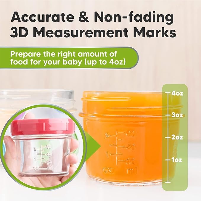 Keababies 4-Pack Silicone Baby Spoons and Forks Set and 12-Pack Baby Food Glass Containers - Baby Spoon Self Feeding, BLW Baby Utensils - 4 oz Leak-Proof, Microwavable, Baby Food Storage Container