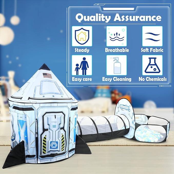 Rocket Ship Kids Play Tent: 3Pcs Toddlers Pop Up Ball Pit and Play Tunnel for Indoor Outdoor, Spaceship Baby Playhouse Toys for 1-3 Year Old Boys Girls (3 in 1 Kids Tent)