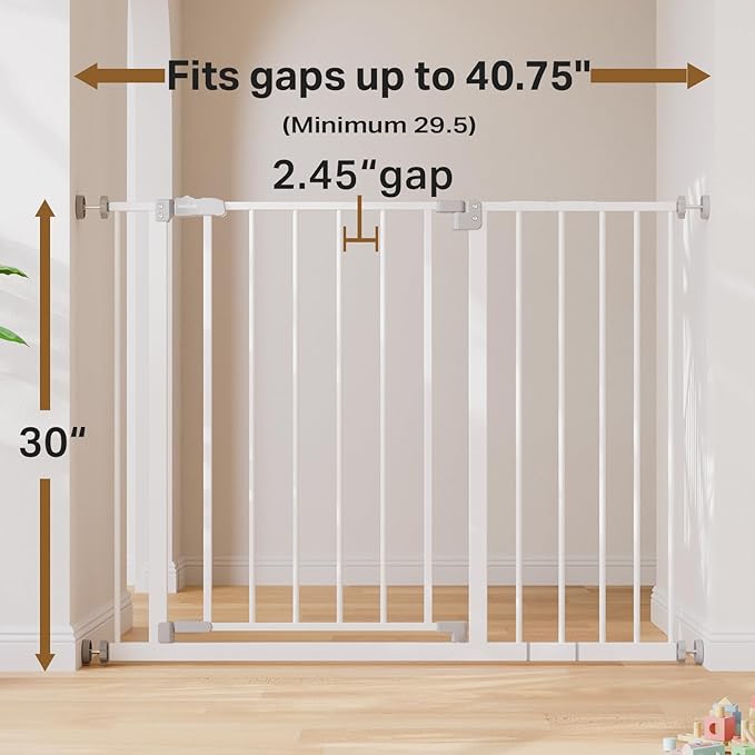 InnoTruth 29.5??0.75" Baby Gate for Stairs, 30" Tall Dog Gates for Doorways & Hallways, Safety Gate for Kids & Pets, Pressure-Mounted Walk-Through with Dual Lock & 2-Way Swing, White