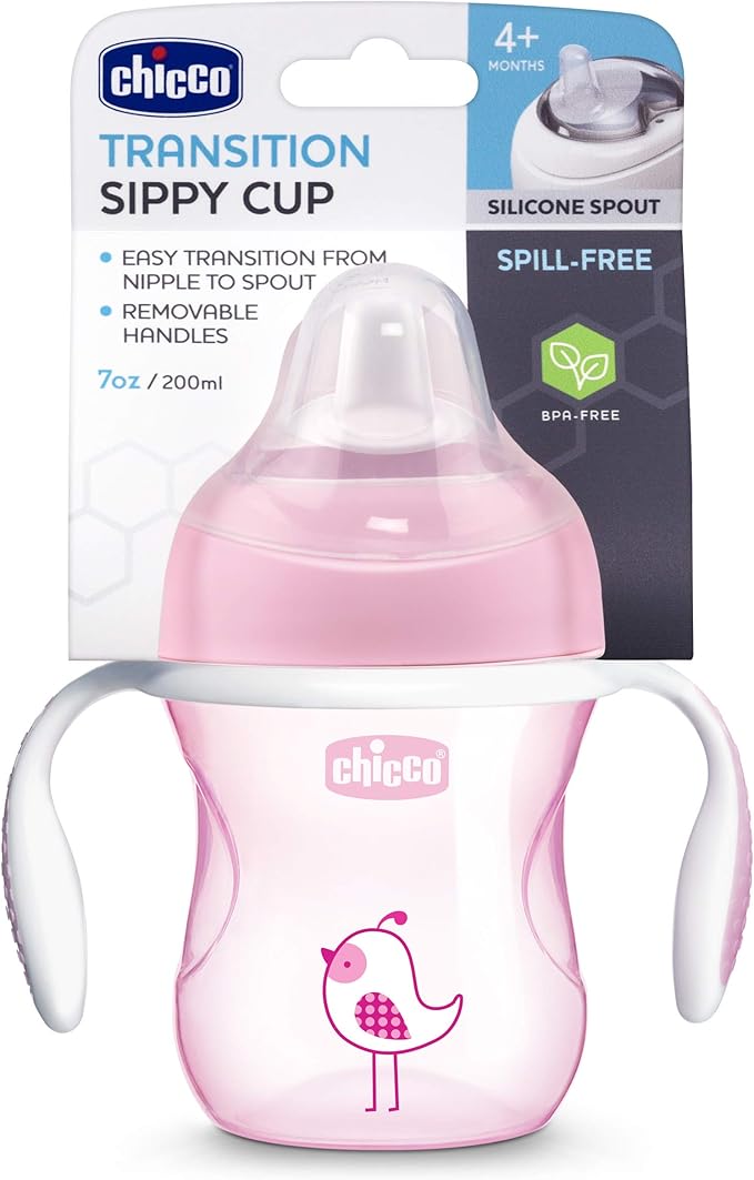 Chicco Transition Sippy Cup with Silicone Spout and Spill-Free Lid 7oz. | Calibration Markings | Removable Handles | Top-Rack Dishwasher Safe | Easy to Hold with Ergonomic Indents | Pink | 4+ months