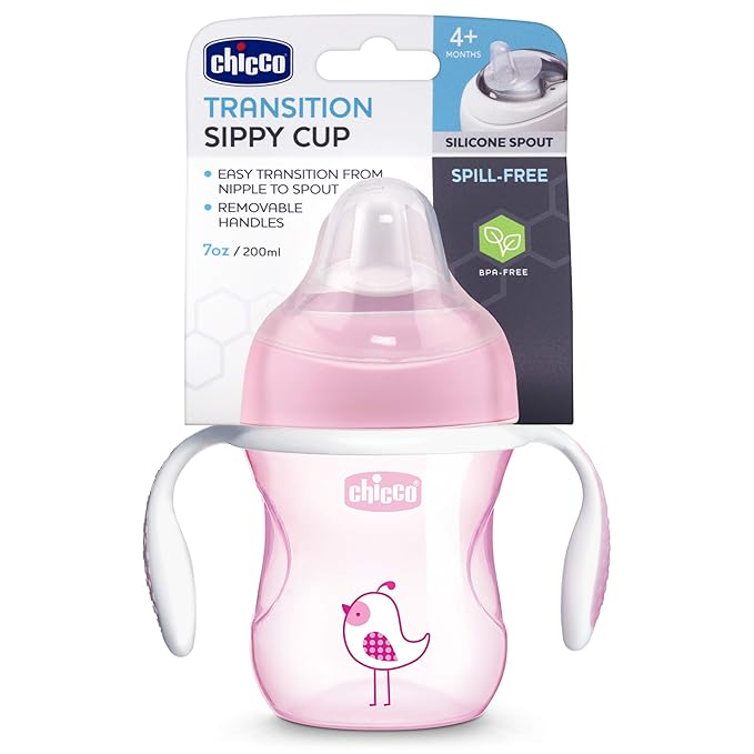 Chicco 7oz. Transition Sippy Cup with Silicone Spout and Spill-Free Lid | Calibration Markings | Removable Handles | Top-Rack Dishwasher Safe | Easy to Hold with Ergonomic Indents | Pink| 4+ Months