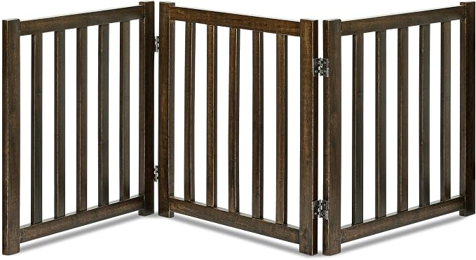 LZRS 3-Panel Wooden Free Standing Foldable Dog Gate Indoor – 24" High,Step-Over Safety Pet Gate for Doorways, Stairs, Hallways, Indoor Dog Barrier for Small to Medium Dogs & Puppies, Walnut
