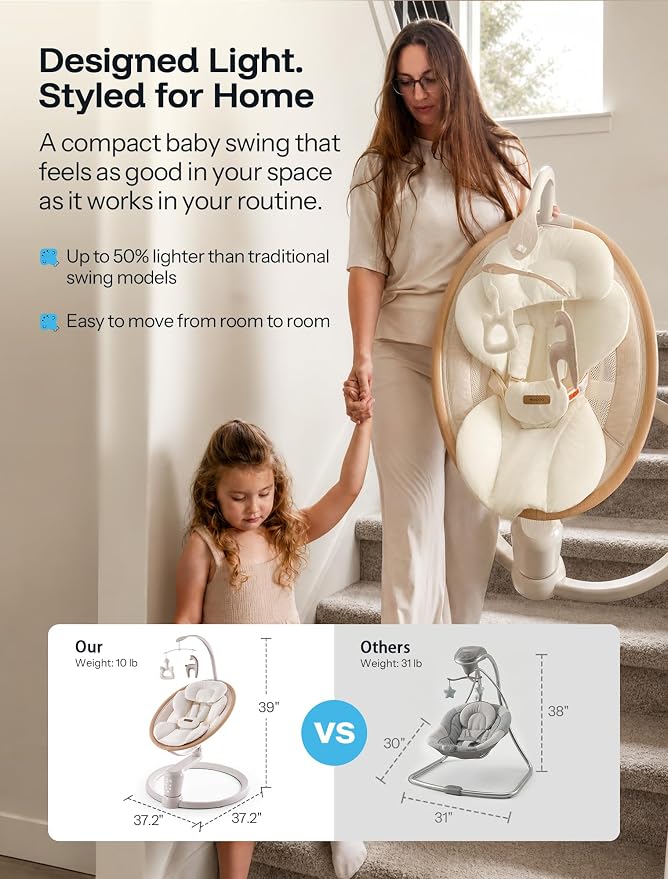 HARPPA Weddell Signature Baby Electric Swing for Newborns and Infants, Elevated Eye-Level Seat, 180° Rotation with Dual Motion, 5-Point Harness, 5 Speeds & Remote Control, Beige