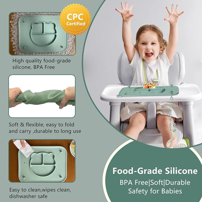 2 Pack Silicone Baby Placemats with Non-Slip Strong Suction Base and Anti-Drop 8 Stretchable Straps, BPA Free Food Grade Silicone Table Mats for Babies Toddlers, High Chair, Dining Tables, Begie+Green
