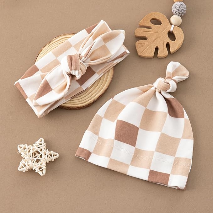 BabyWhale Muslin Swaddle Blanket with Hat and Headband Bow, Checkered Pattern Swaddle Set for Baby Boys ï¼?Girls, Unisex Newborn Soft Receiving Swaddle Wrap, 47x47 inches