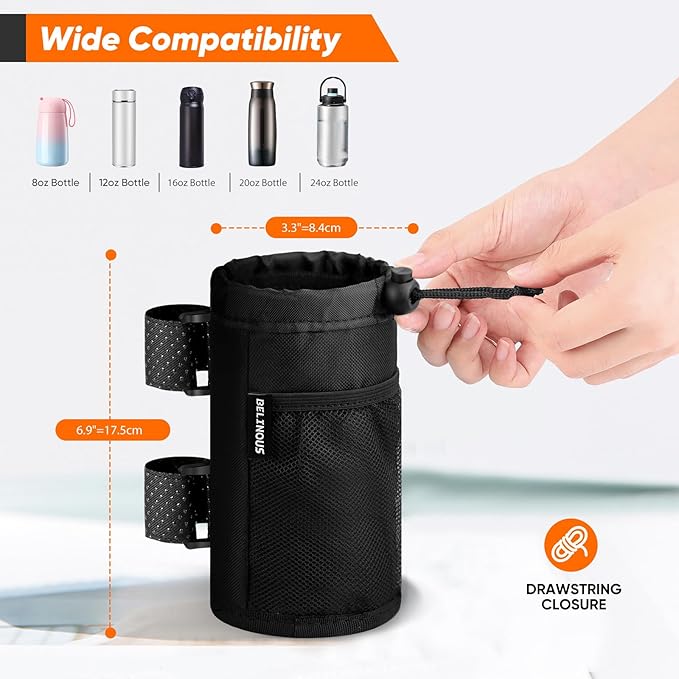 Belinous 2 Pack Bike Water Bottle Holder for 8-24oz Bottles, Roll Bar Cup Holder for UTV Wheelchair Walker Bike Golf Cart Scooter and Boat, Drink Holder with Net Pockets and Velcro Starps