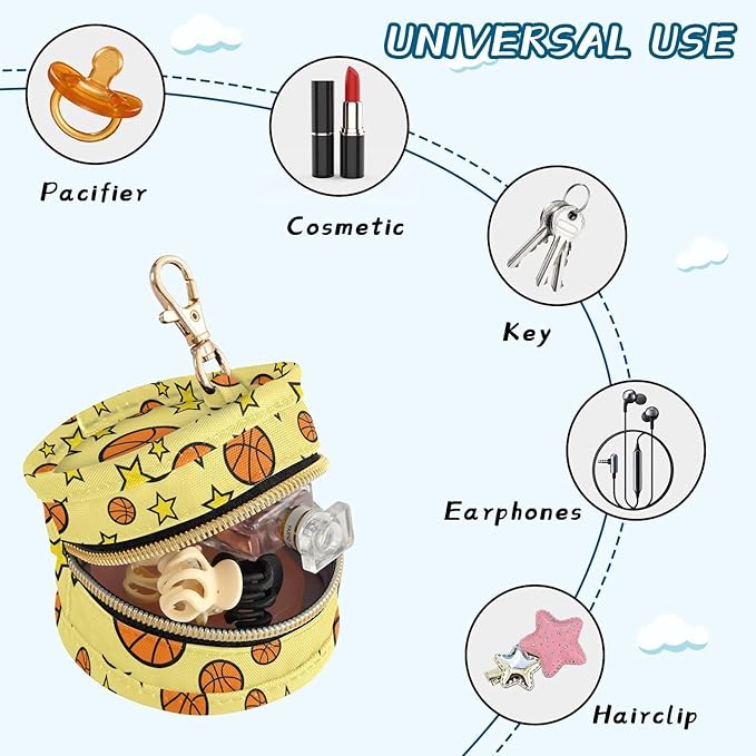Basketballs Stars Yellow Print Pacifier Holder Case for Diaper Bag Portable Travel Pacifier Storage Case with Clip Newborn Baby Pouch for Outdoor Purse Baby Boys Girls