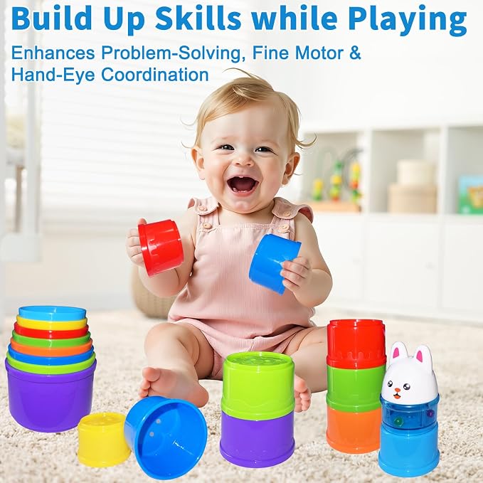 WEEJOYGAM Baby Stacking Cups, Nesting Stacking Toys for Toddlers 1-3 Montessori Toys for 1 Year Old Gift, Kid Water Bath Toys for Babies 6-12 Months Developmental Cause and Effect Color Sorting Blocks