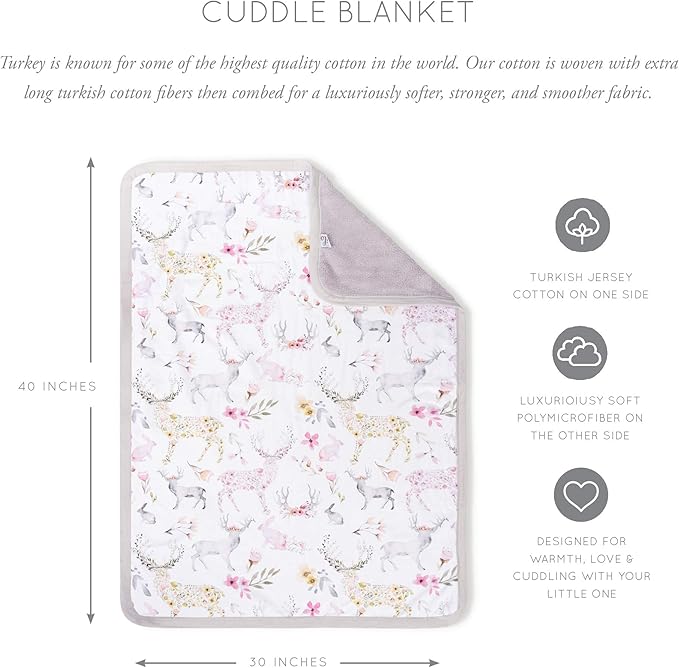 Oilo Baby Blanket, Luxury Soft Plush Chenille Backing & Organic Cotton Jersey Print, Double Layered, 30" x 40", Rolled Jersey Edge Trim, Machine Washable, Perfect for Infant or Toddlers, Woodland Fawn