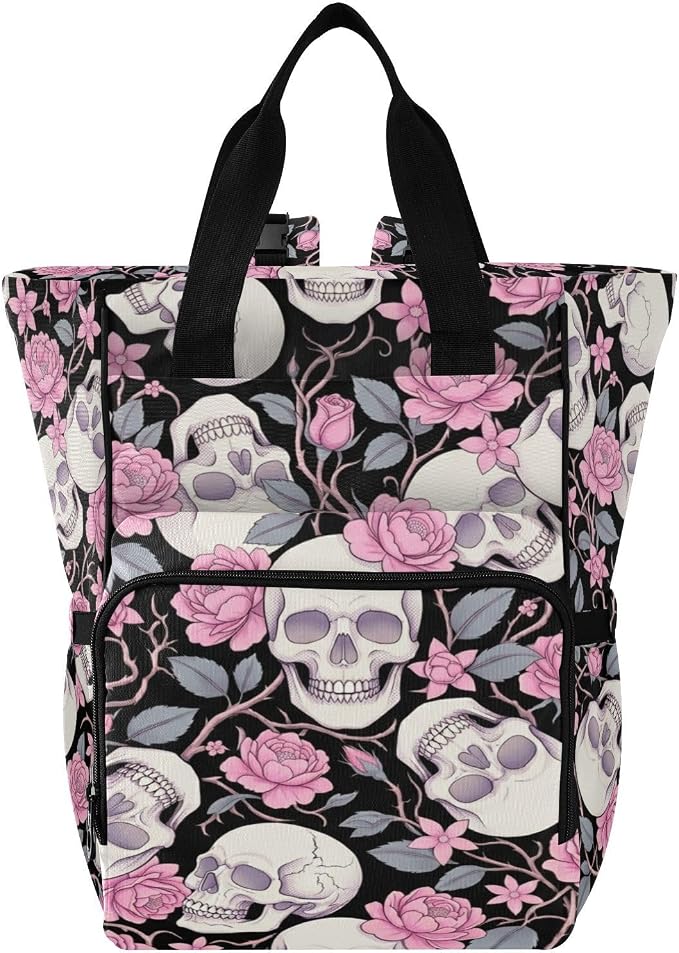 Halftone Skull Rose Diaper Bag – Insulated Pockets, Large Capacity for Mom Dad