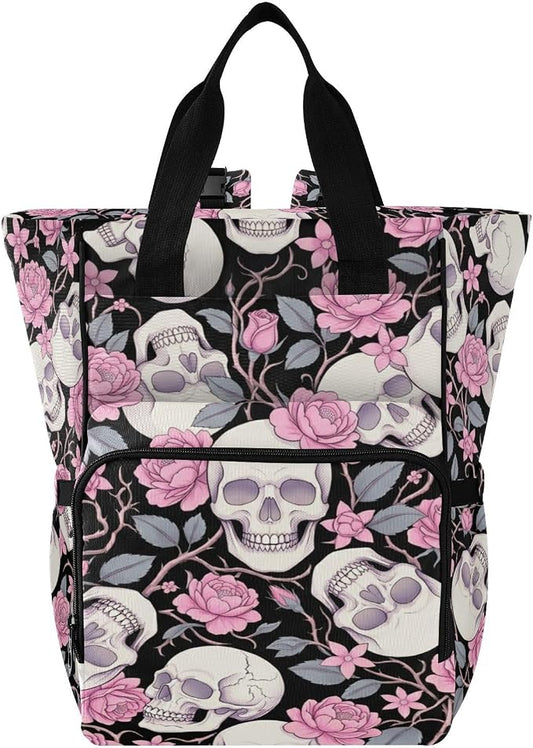 Halftone Skull Rose Diaper Bag – Insulated Pockets, Large Capacity for Mom Dad