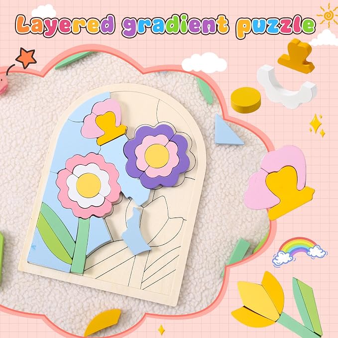 Montessori Wooden Shape Puzzles - Color Matching & Cognition Fun for Kids Over 3 Years Old, with Rainbow Blocks & Themes, Fine Motor Skill Building Toys & Gifts (Flower)