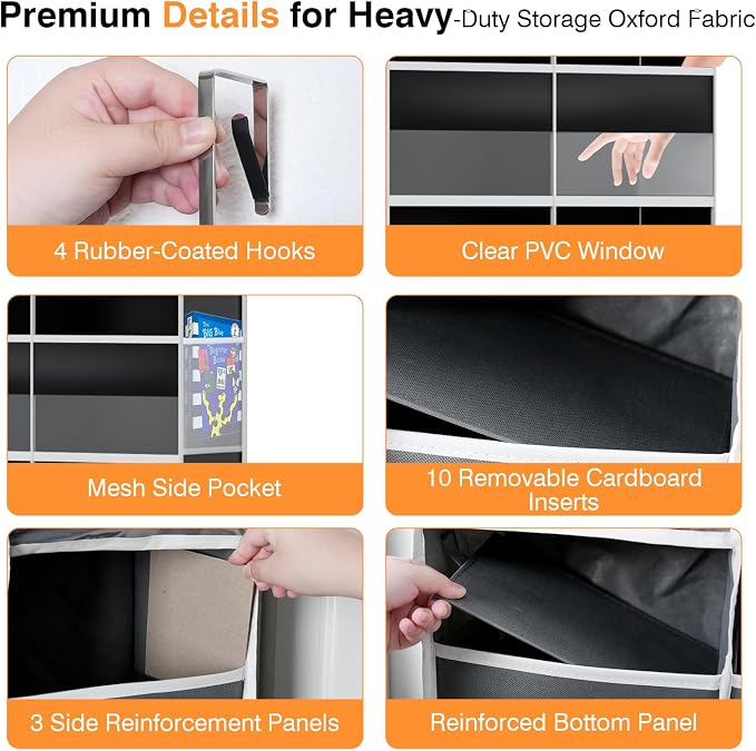 Over the Door Organizer 5 Tiers, Extra Large Behind Door Storage of 10 Big Front 10 Mesh Pockets, 80 lbs Door Organizer Hanging Heavy Duty Over the Door Storag for Closet Bedroom Nursery Pantry Black