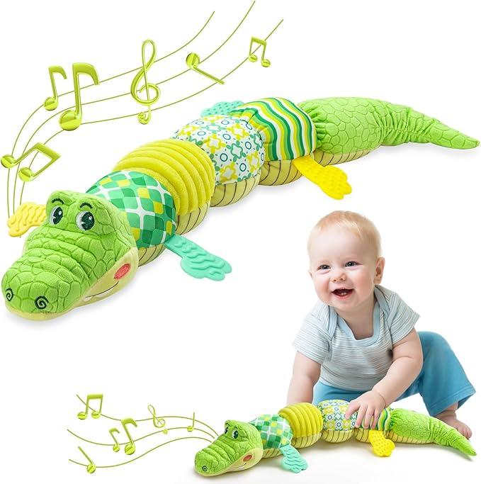 Awotoy Baby Toys 0 to 12 Months, Musical Stuffed Animals Activity Soft Toy with Multi-Sensory Crinkle, Rattle and Textures, Infant Tummy Time Toys for Newborn Boys Girls, Crocodile, Green