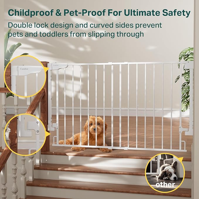 Cumbor Expandable 31.6-48" Baby Gate for Stairs, Hardware Mounted, 2-in-1 No Bottom Bar Dog Gate Indoor, Auto Close Pet Gate for Doorways with Large Walk Thru Door, Child-Proof Gate for Kids (White)