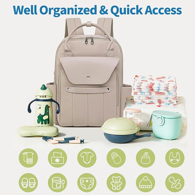 Baby Diaper Bag Backpack with Laptop Compartment 15.6 inch, Baby Essentials Travel Baby Bag Leather Backpack