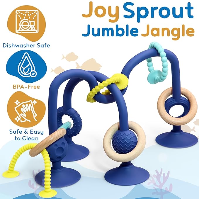 JoySprout Jumble Jangle Baby Teething Toys ??Suction Cup High Chair Toys for Babies 6-12 Months | BPA-Free Baby Suction Toy for Highchair Tray, Table, Sensory Play, Teething Relief Essentials