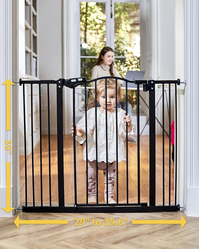 InnoTruth 29-39.6?�Baby Gate for Stairs & Doorways,30" Tall Dog Gate for Pets,Dual-Lock Safety and One Hand Opening Design,Pet Gate for Hallways,Outdoors,Wall-Friendly Pressure Mounted, Pure Black