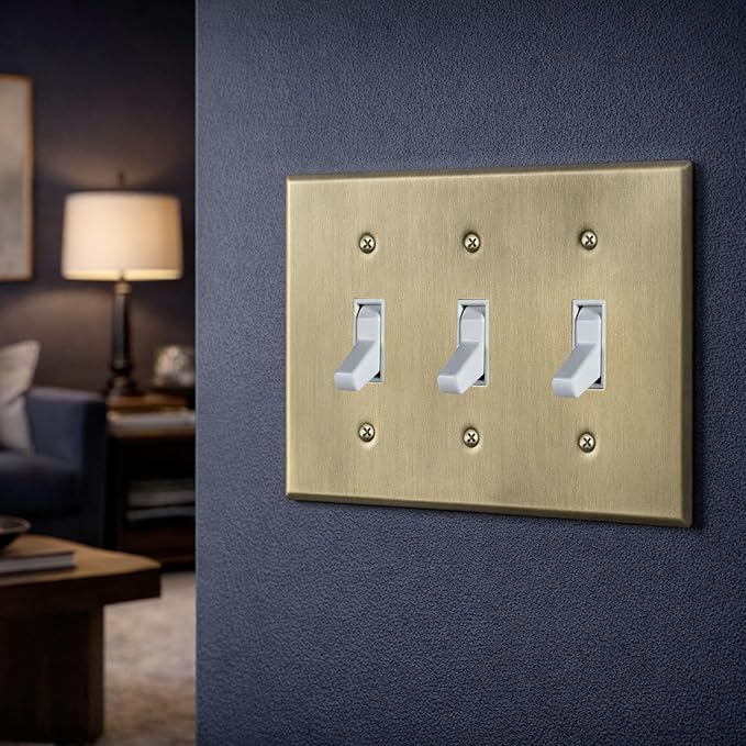 Rio Salto BRASS Signature Collection Antique Metal Gold Triple Toggle Light Switch STANDARD SIZE Metal Wall Plate 3-Gang Wallplate Cover Covers Vinatge Matte Gold Finish (Toggle, 3-Gang)