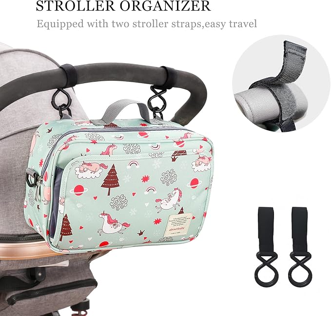 SONARIN Pram Buggy Bag Organiser & Stroller Organiser,Large Stroller Storage with Deep Cup Holder,2 x Pram Hooks,Shoulder Strap Used as Carry-On Handbag,Universal Fit All Buggy Models(Green)