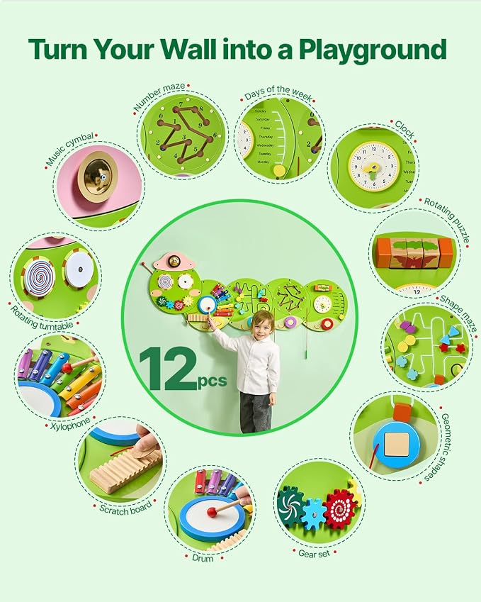 VEVOR Caterpillar Activity Wall Busy Board Wall, 12 Wall Activities Board, Montessori Sensory Wall Panel for Kids 3-12 Years, Sensory Wall Activity Board, Ideal for Toddler Playroom Nursery Classroom