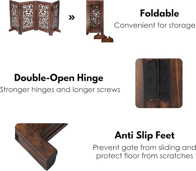 Folding Dog Gate for Indoor Use, 4 Panel Free Standing Wooden Pet Barrier, 56x28 Inch Decorative Lucy Design Dog Fence for Doorway, Stairs, or Hallway, Natural Burnt