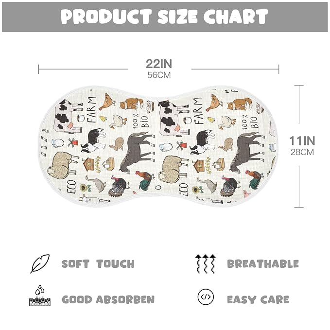 Kigai Farm Animals Muslin Baby Burp Cloths - Super Absorbent and Soft Burping Rags - Cotton Burp Clothes Set for Boys and Girls, 4 Pack
