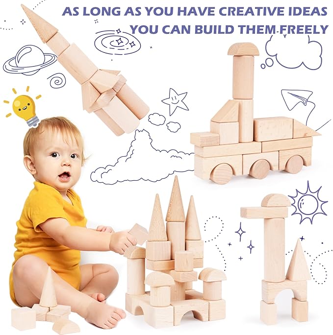 100Pcs Wooden Building Blocks Set- Wood Stacker Stacking Blocks Game Toys for Toddlers, Multiple Shapes, Toddles Blocks- Baby Wooden Blocks for Kids Learning and Playing