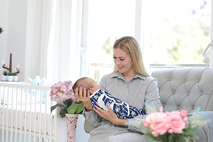 BaeBae Goods Swaddle Blanket, Adjustable Infant Baby Swaddling Wrap Set of 4, Baby Swaddling Wrap Blankets for Boys and Girls Made in Soft Cotton (Navy/Grey Triangles, 0-3 Months)