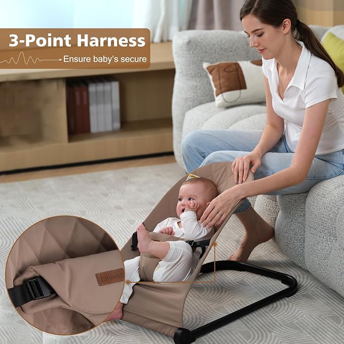 Baby Bouncer,Baby Bouncer Seat,Portable Infant Bouncer with 3-Point Safety Harness,Ergonomic Bouncy seat, Bouncer for Babies 0-6 Months up to 20lbs (Khaki)