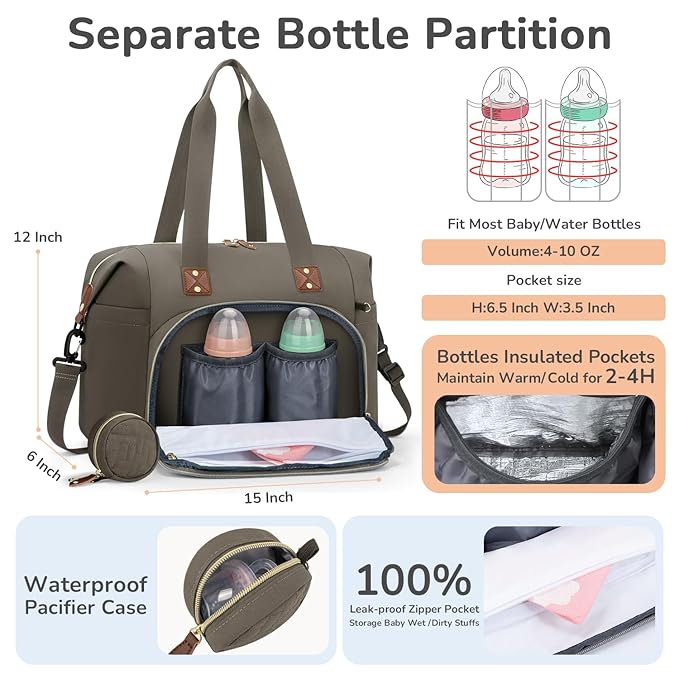 Tenot Diaper Bag Tote with Pacifier Case, Baby Bag for Women with Shoulder Straps, Travel Diaper Tote for for Mom and Dad Medium Size, Khaki