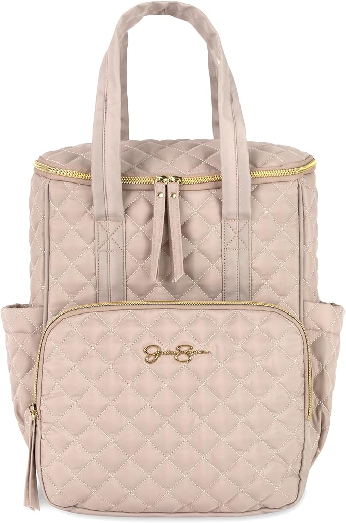 Jessica Simpson Quilted Diaper Bag Backpack with Insulated Pockets, Portable Changing Pad, Stroller Straps, Organizer Insert 3 Pc. Set (Khaki)
