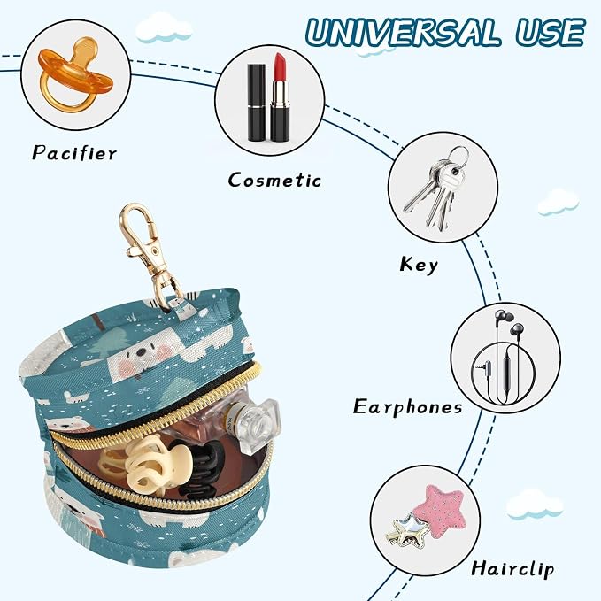 Pacifier Holder with Clip Pacifier Case for Diaper Bag Round Baby Pacifier Pouch Box Bag Portable Winter Blue Bears Trees Snowflake