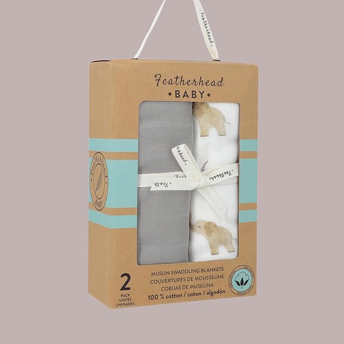 Featherhead??100% Cotton Muslin Swaddle Blankets for Baby Girl - Large 47?�x 47??- Pre-Washed, Soft, & Breathable - Newborn Essential & Perfect Baby Registry Gift (2 Pack - Elephant)