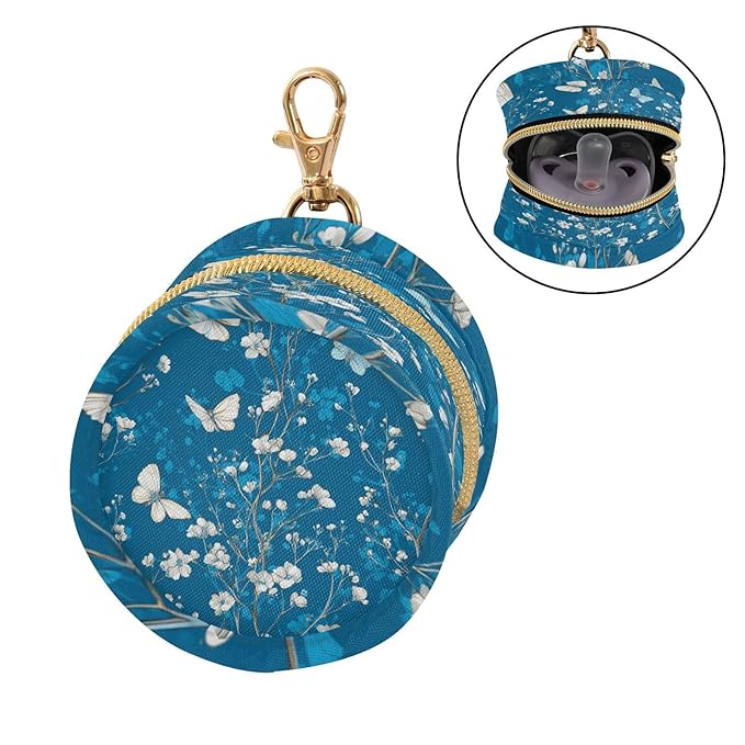 Pacifier Holder with Clip Pacifier Case for Diaper Bag Round Baby Pacifier Pouch Box Bag Portable Deep Blue Floral Butterfly