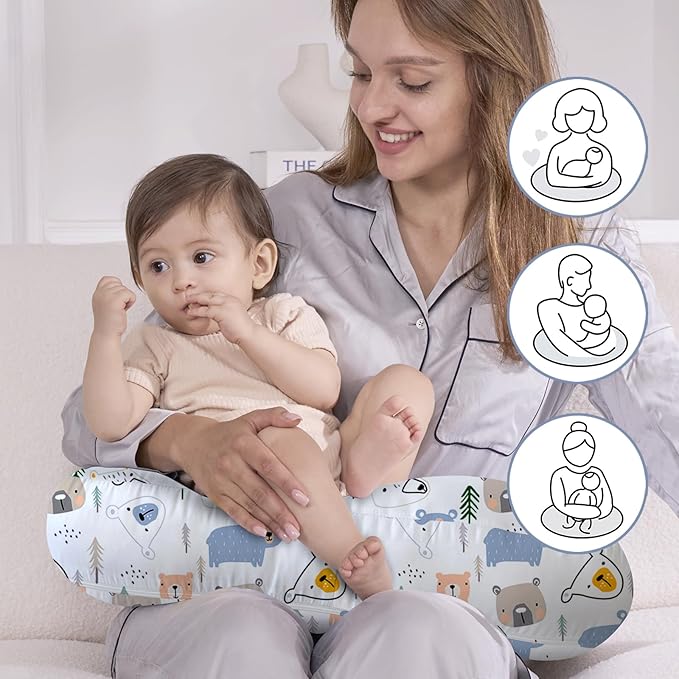 Little Grape Land Nursing Pillow,Upgraded Breast Feeding Pillow for Mom,Breastfeeding & Bottle Feeding for 0??8 Months, Soft Machine Washable Cover with Firm Breathable Filling for Tummy Time, Bear
