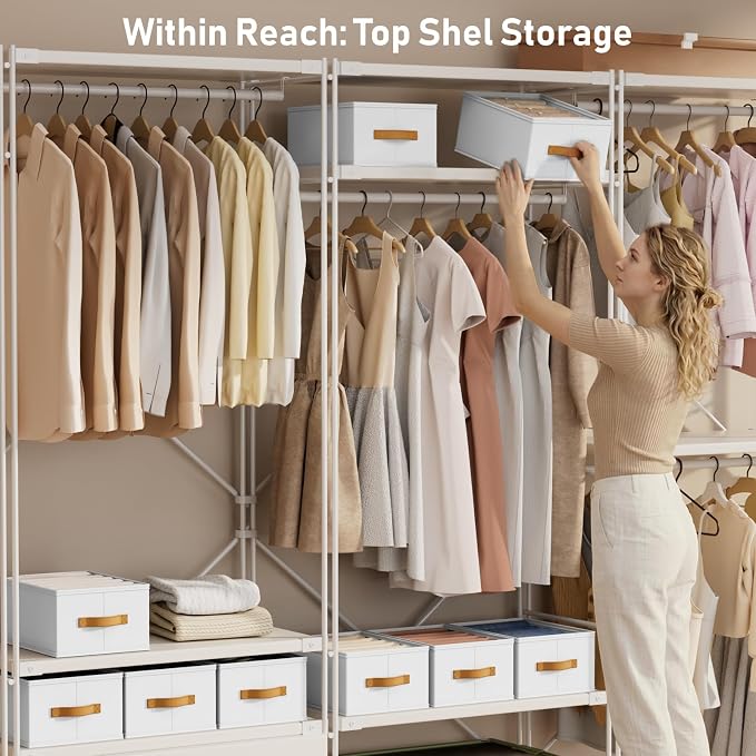 DIMJ Wardrobe Clothes Organizer - 4/5/7 Grids Foldable Closet Drawer Organizer Dividers for Jeans, Pants, Sweater, T Shirt, Storage Bins with Handles for Shelf