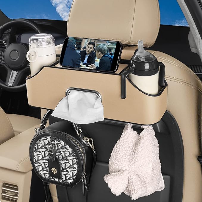 HOLDCY Car Back Seat Organizer with 2 Drink Cup Holder - Tissue Box and Storage Box Hook - Multi-functional Storage - Great for Kids and Travel (Beige)