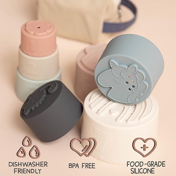 Moonkie Baby Toy Bundle | Stacking Cups & Rings + Koala Silicone Teether | 3-in-1 Educational & Teething Set for Babies 6-12 Months | Soft BPA-Free Silicone Toys for Learning, Teething & Play